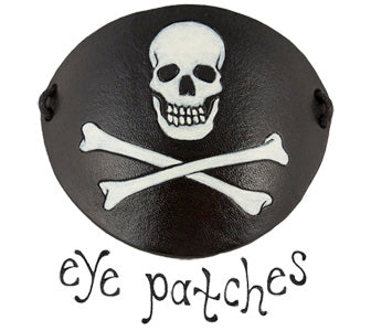 Eye Patches - picture of white skull and bones on a black leather eyepatch