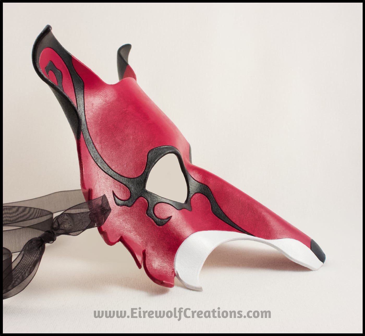 Spiral Fox handmade leather masquerade mask, Mardi Gras, LARP, or Halloween costume, red white and black