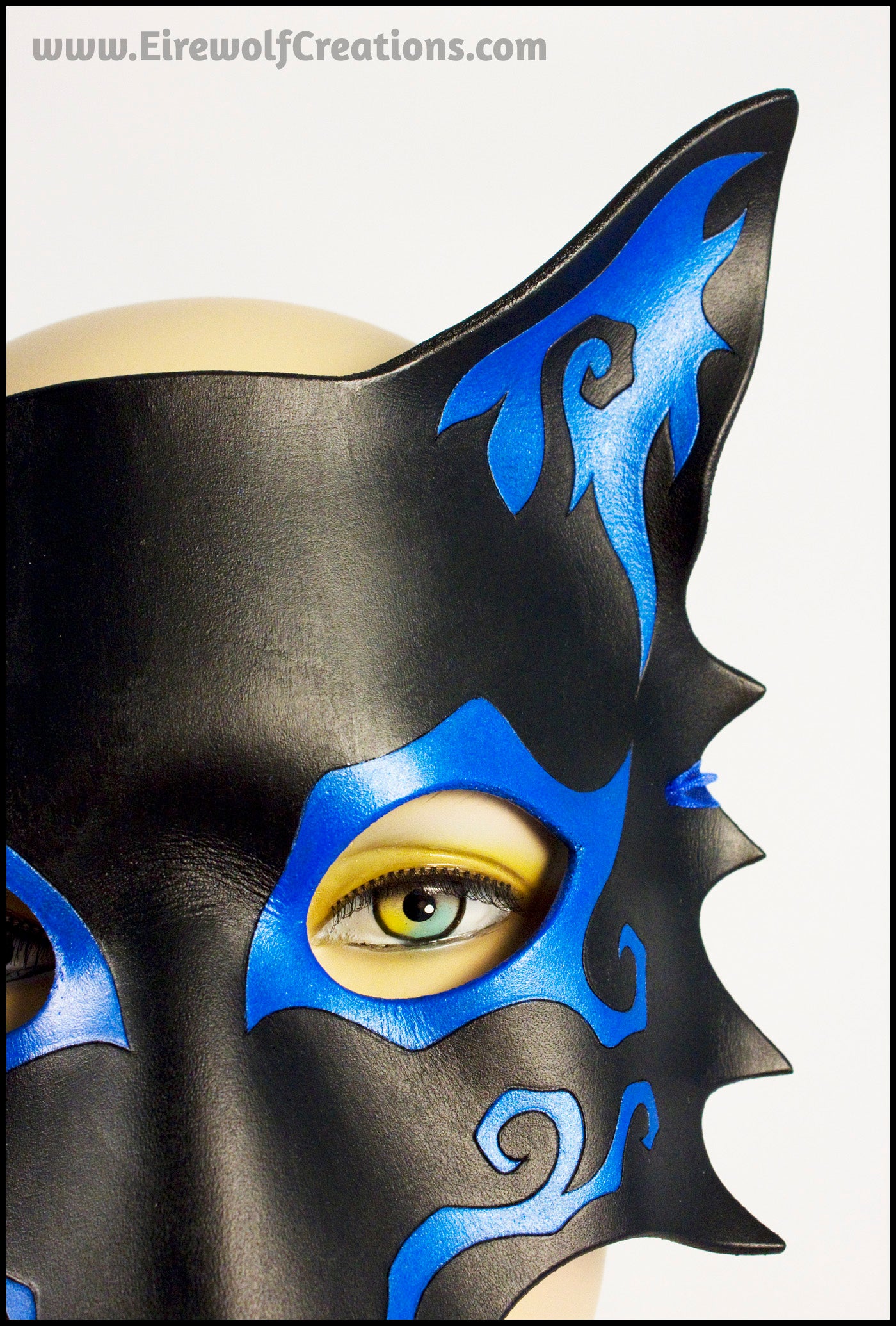 Celtic Cat mask, Blue and Black handmade leather masquerade mask