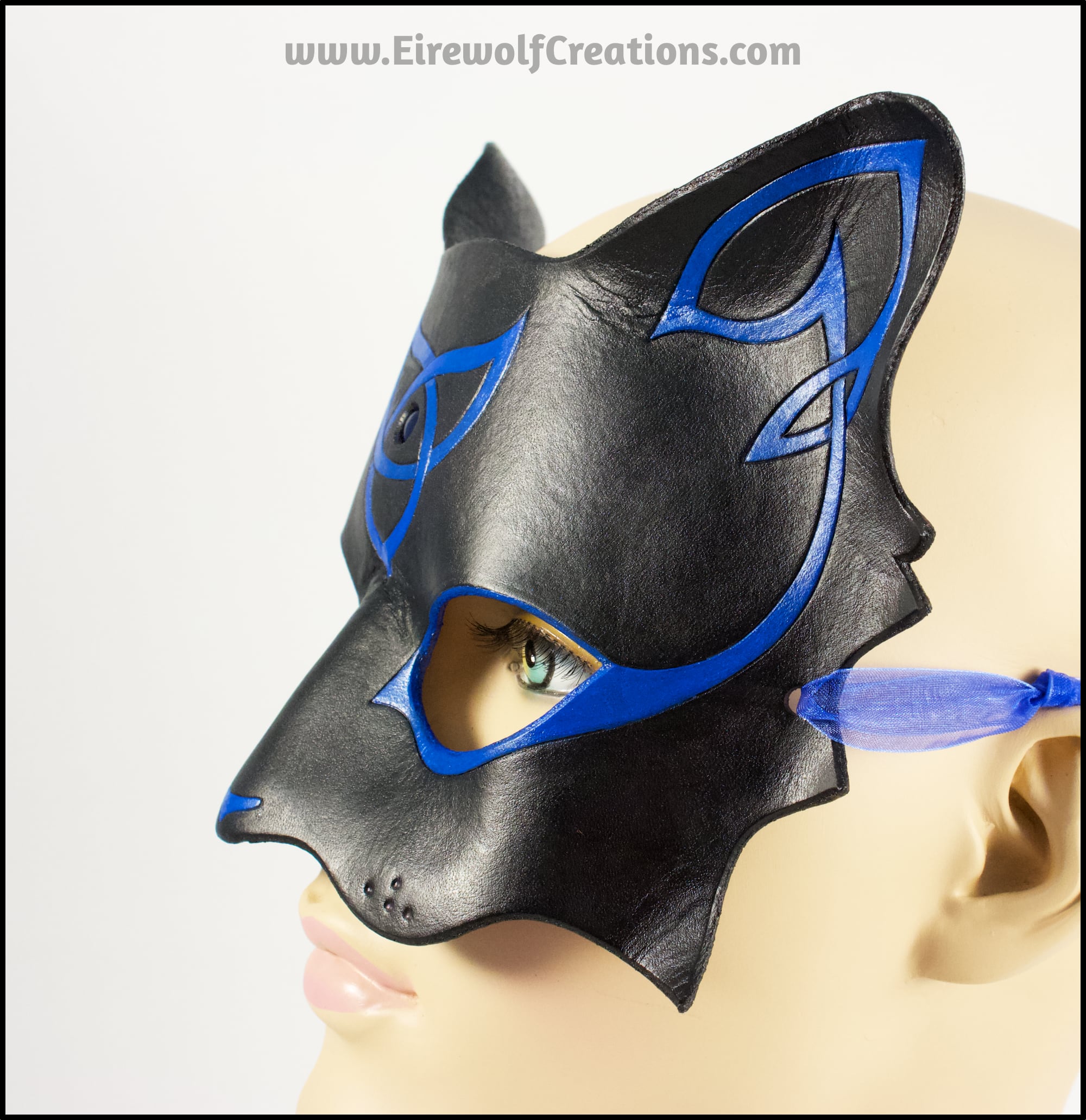 Celtic Cat mask, Blue and Black handmade leather masquerade mask with -  Eirewolf Creations