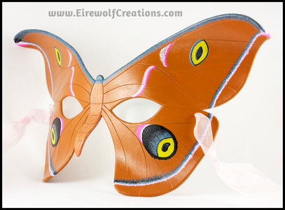 Handmade leather moth mask for a masquerade costume, handpainted to resemble the Antheraea Polyphemus moth. By Erin Metcalf of Eirewolf Creations.